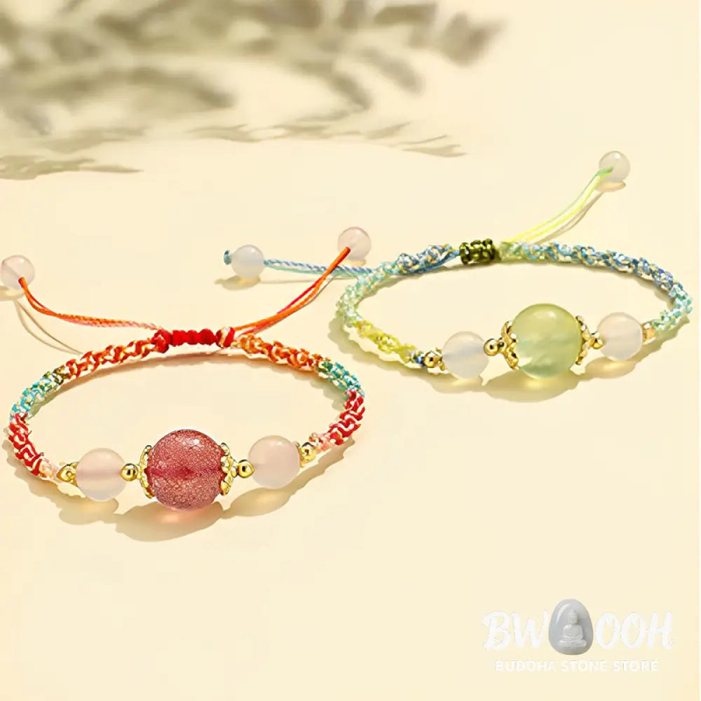 Buddha Stones Strawberry Quartz Pink Crystal Prehnite White Agate Bead Healing Rope Bracelet - BWOOOH - Bracelet