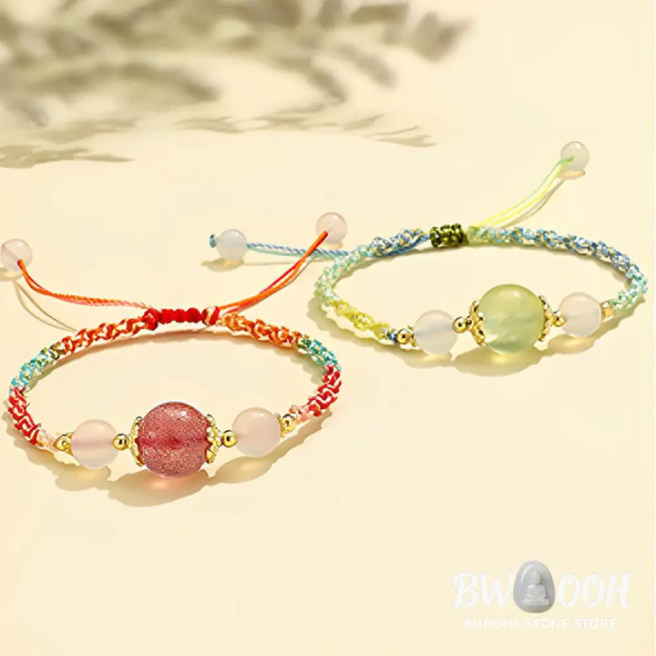Buddha Stones Strawberry Quartz Pink Crystal Prehnite White Agate Bead Healing Rope Bracelet - BWOOOH - Bracelet