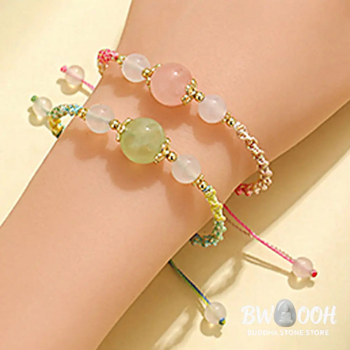 Buddha Stones Strawberry Quartz Pink Crystal Prehnite White Agate Bead Healing Rope Bracelet - BWOOOH - Bracelet