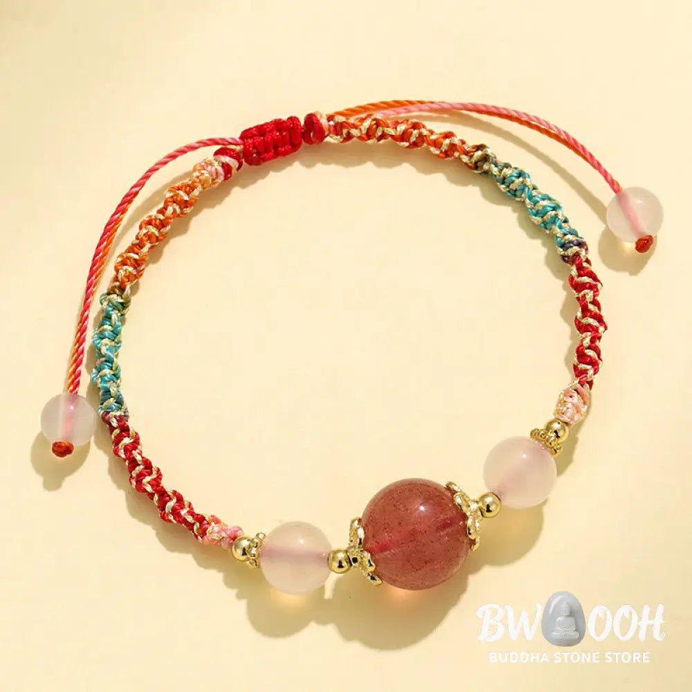 Buddha Stones Strawberry Quartz Pink Crystal Prehnite White Agate Bead Healing Rope Bracelet - BWOOOH - Bracelet