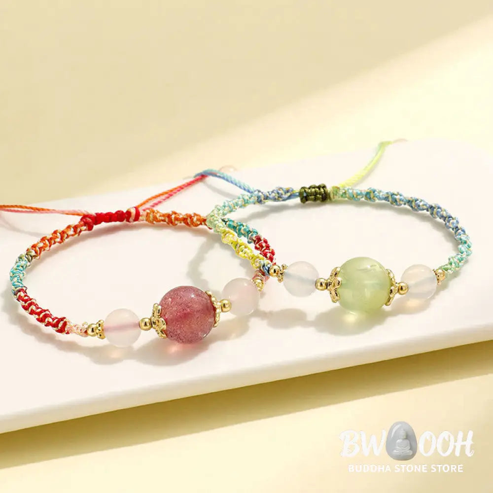 Buddha Stones Strawberry Quartz Pink Crystal Prehnite White Agate Bead Healing Rope Bracelet - BWOOOH - Bracelet