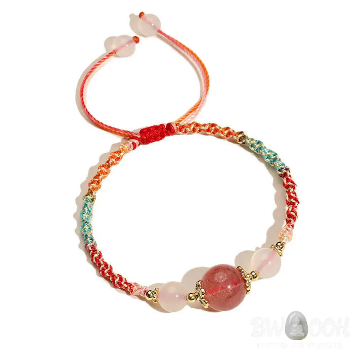 Buddha Stones Strawberry Quartz Pink Crystal Prehnite White Agate Bead Healing Rope Bracelet - BWOOOH - Bracelet