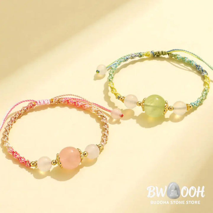 Buddha Stones Strawberry Quartz Pink Crystal Prehnite White Agate Bead Healing Rope Bracelet - BWOOOH - Bracelet