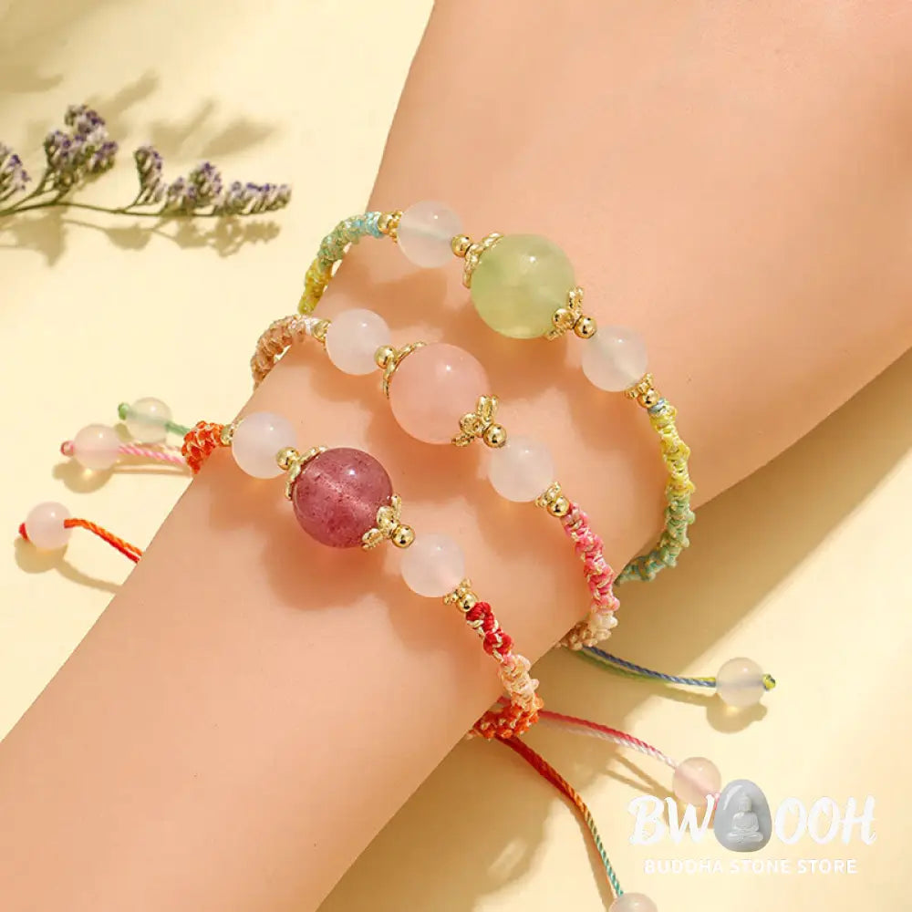 Buddha Stones Strawberry Quartz Pink Crystal Prehnite White Agate Bead Healing Rope Bracelet - BWOOOH - Bracelet