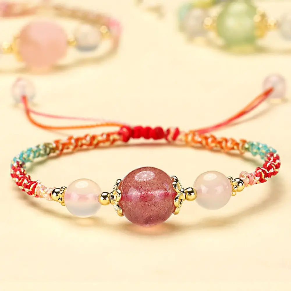 BWOOOH Strawberry Quartz Pink Crystal Prehnite White Agate Bead Healing Rope Bracelet - BWOOOH - Strawberry