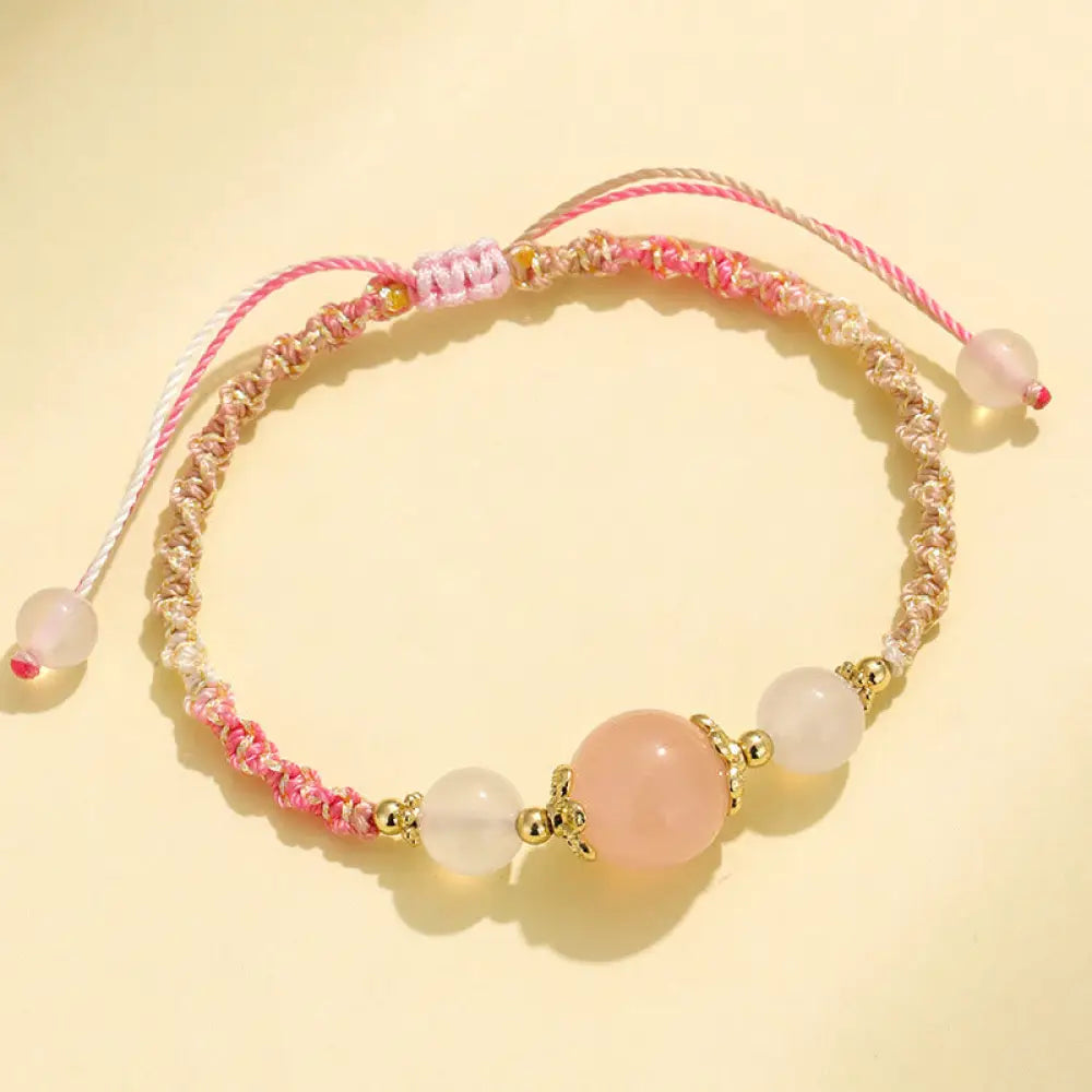 Buddha Stones Strawberry Quartz Pink Crystal Prehnite White Agate Bead Healing Rope Bracelet - BWOOOH - Pink