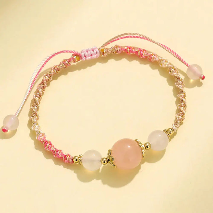 Buddha Stones Strawberry Quartz Pink Crystal Prehnite White Agate Bead Healing Rope Bracelet - BWOOOH - Pink