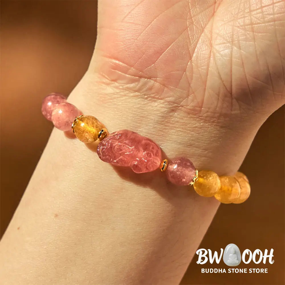 Buddha Stones Strawberry Quartz Pixiu Rutilated Quartz Beads Healing Bracelet - BWOOOH - Strawberry Quartz Rutilated