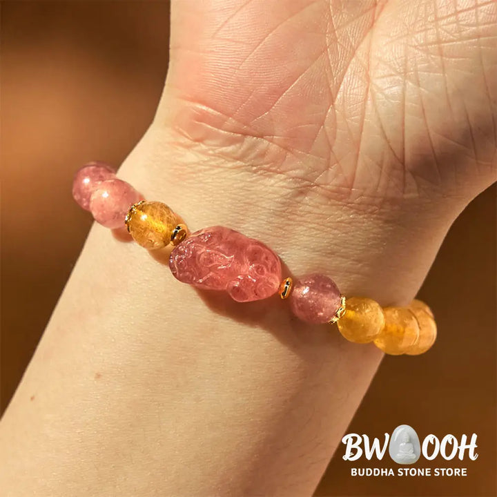 Buddha Stones Strawberry Quartz Pixiu Rutilated Quartz Beads Healing Bracelet - BWOOOH - Strawberry Quartz Rutilated