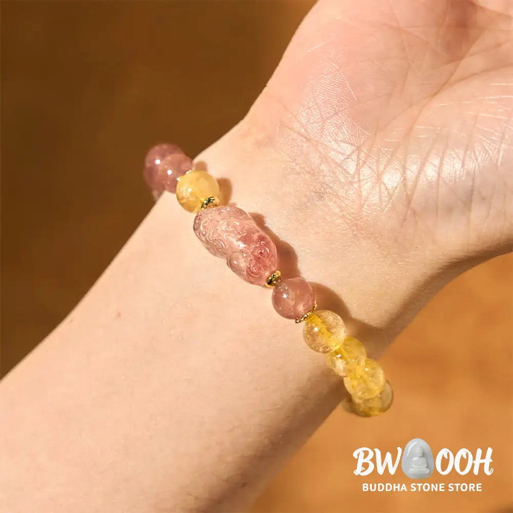 Buddha Stones Strawberry Quartz Pixiu Rutilated Quartz Beads Healing Bracelet - BWOOOH - Strawberry Quartz Rutilated