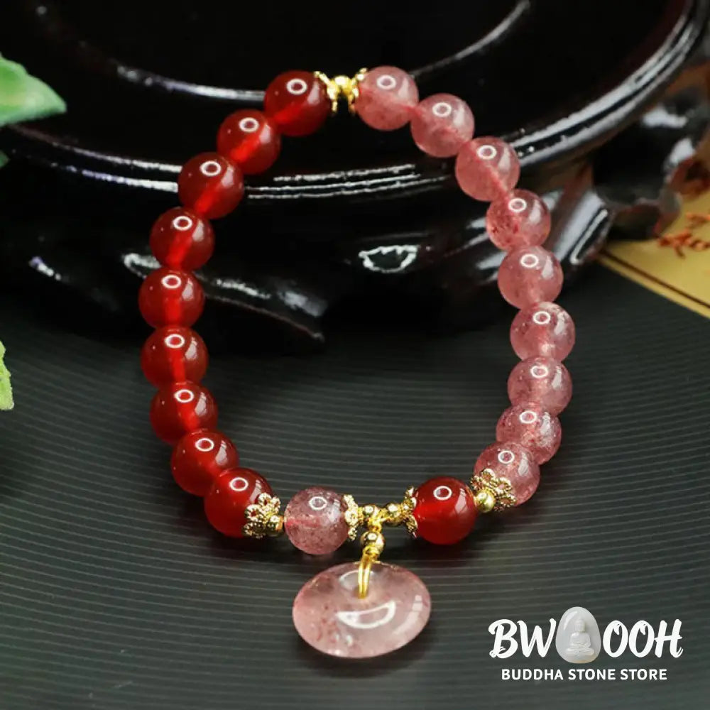 Buddha Stones Strawberry Quartz Red Agate Peace Buckle Positive Luck Bracelet - Strawberry Quartz &amp; Red Agate(Wrist