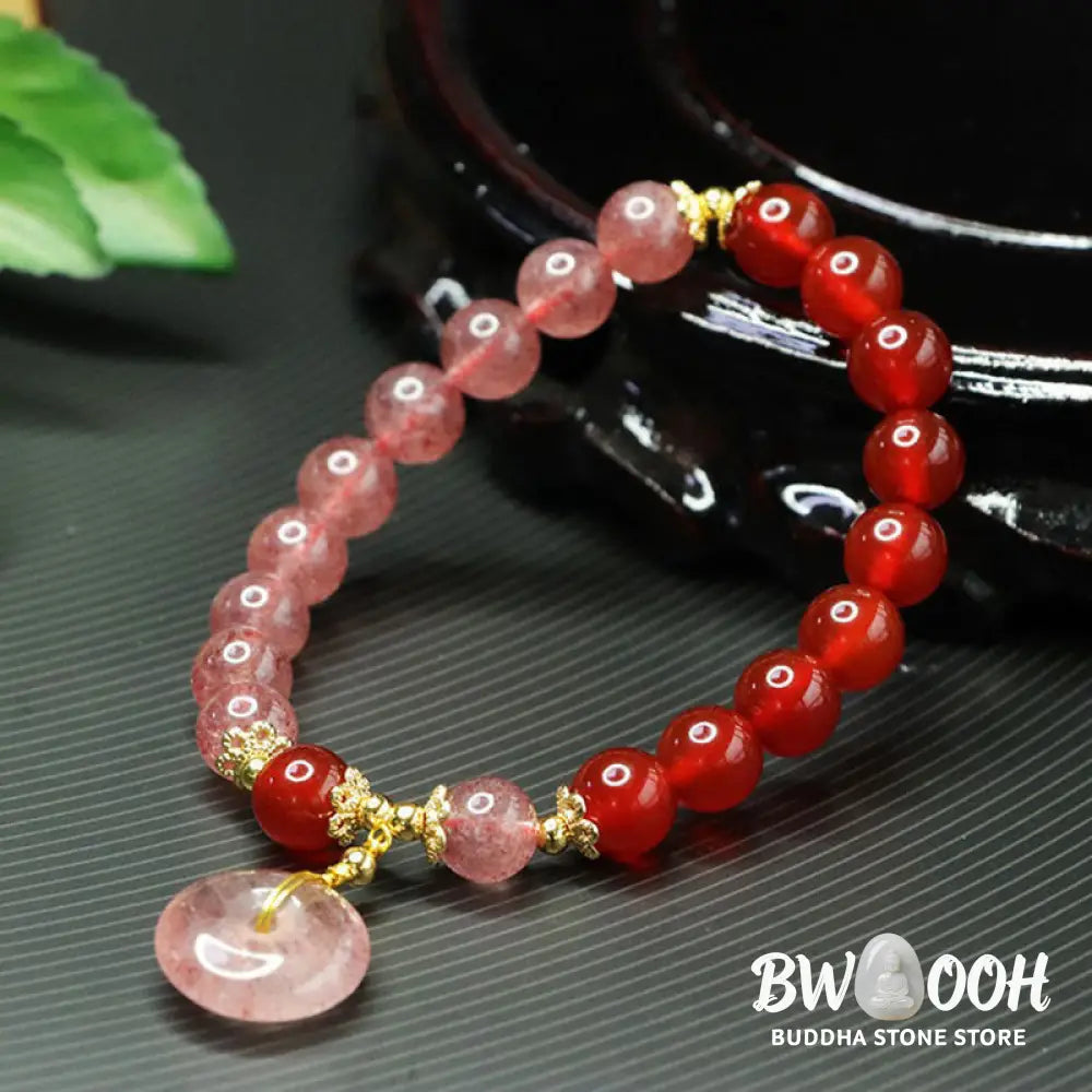 Buddha Stones Strawberry Quartz Red Agate Peace Buckle Positive Luck Bracelet - Strawberry Quartz &amp; Red Agate(Wrist