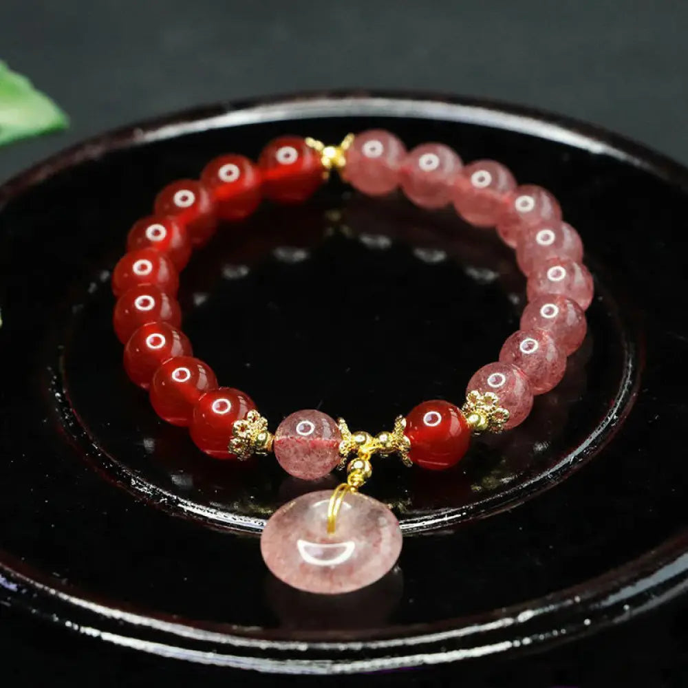 Buddha Stones Strawberry Quartz Red Agate Peace Buckle Positive Luck Bracelet - Strawberry Quartz & Red Agate(Wrist