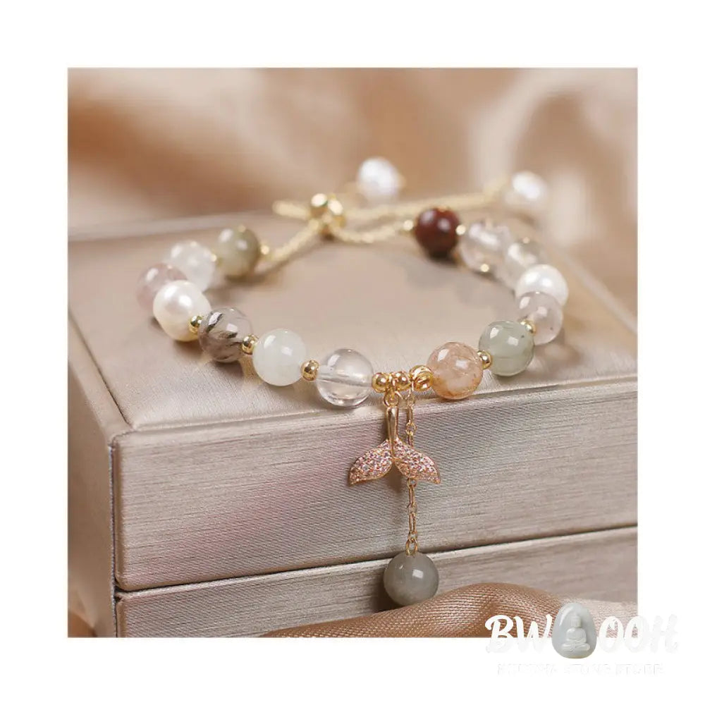 Buddha Stones Strawberry Quartz Rutilated Quartz Fishtail Charm Healing Bracelet - BWOOOH - Bracelet