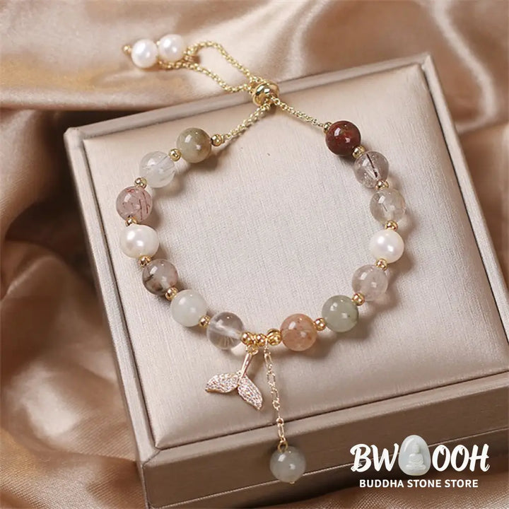 Buddha Stones Strawberry Quartz Rutilated Quartz Fishtail Charm Healing Bracelet - BWOOOH - Bracelet