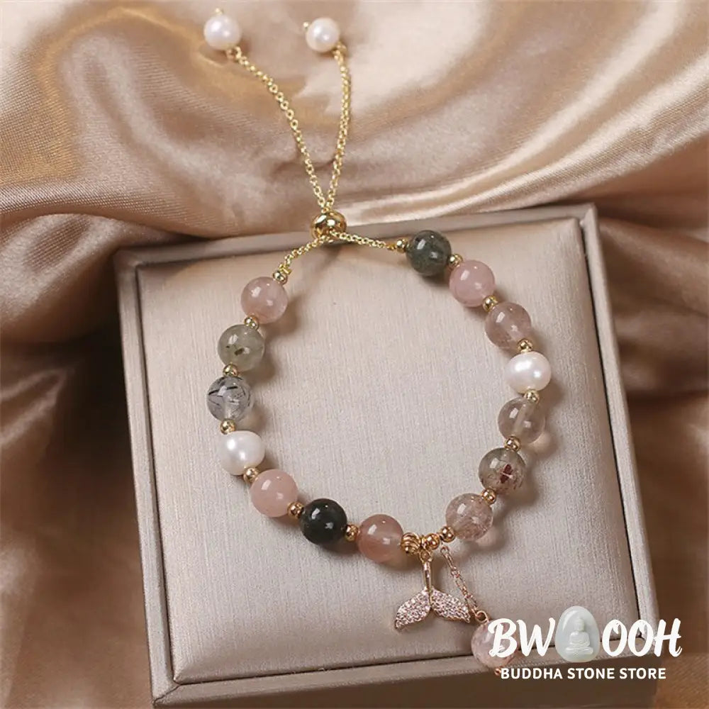 Buddha Stones Strawberry Quartz Rutilated Quartz Fishtail Charm Healing Bracelet - BWOOOH - Bracelet