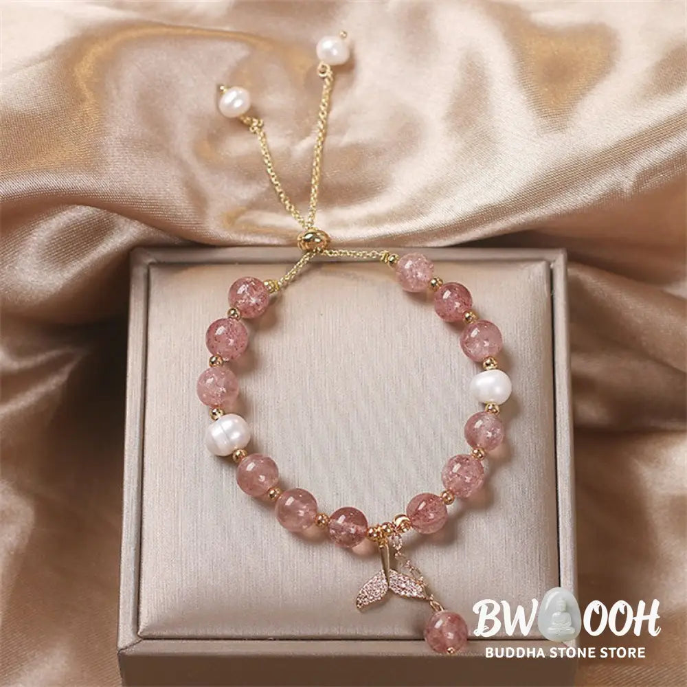 Buddha Stones Strawberry Quartz Rutilated Quartz Fishtail Charm Healing Bracelet - BWOOOH - Bracelet