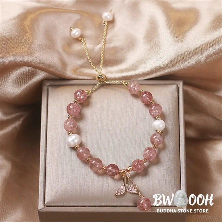 Buddha Stones Strawberry Quartz Rutilated Quartz Fishtail Charm Healing Bracelet - BWOOOH - Bracelet