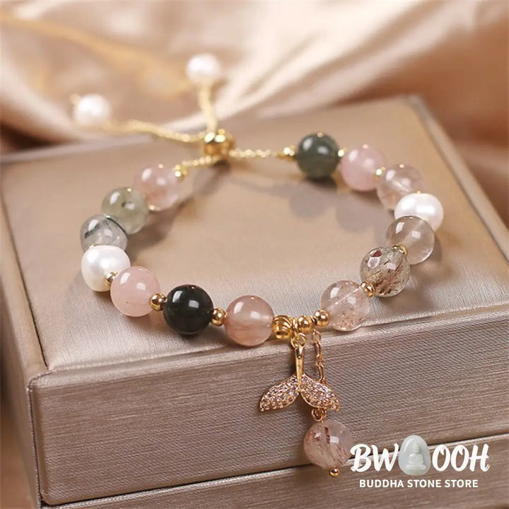 Buddha Stones Strawberry Quartz Rutilated Quartz Fishtail Charm Healing Bracelet - BWOOOH - Bracelet