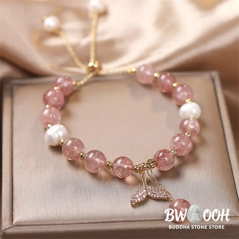 Buddha Stones Strawberry Quartz Rutilated Quartz Fishtail Charm Healing Bracelet - BWOOOH - Bracelet