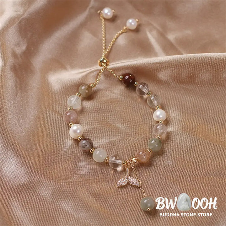 Buddha Stones Strawberry Quartz Rutilated Quartz Fishtail Charm Healing Bracelet - BWOOOH - Bracelet