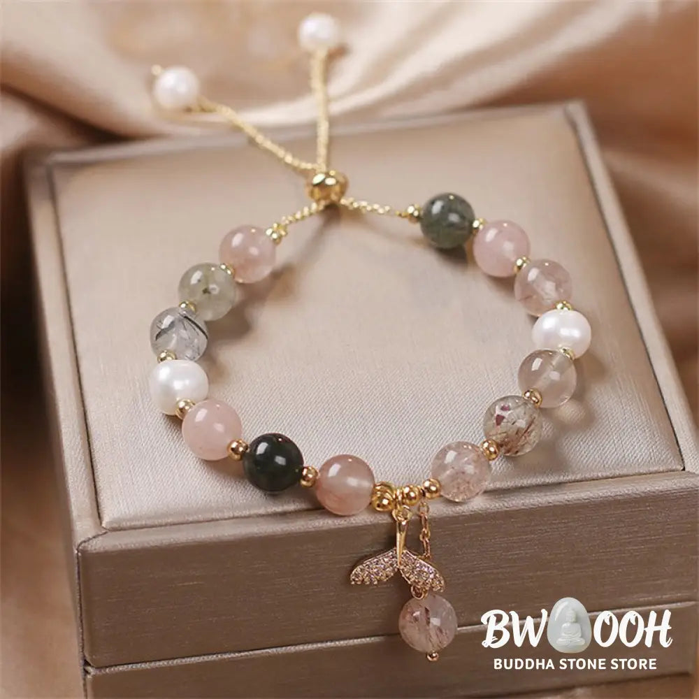 Buddha Stones Strawberry Quartz Rutilated Quartz Fishtail Charm Healing Bracelet - BWOOOH - Bracelet