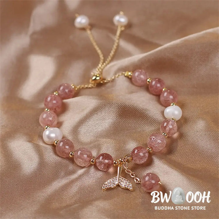 Buddha Stones Strawberry Quartz Rutilated Quartz Fishtail Charm Healing Bracelet - BWOOOH - Bracelet