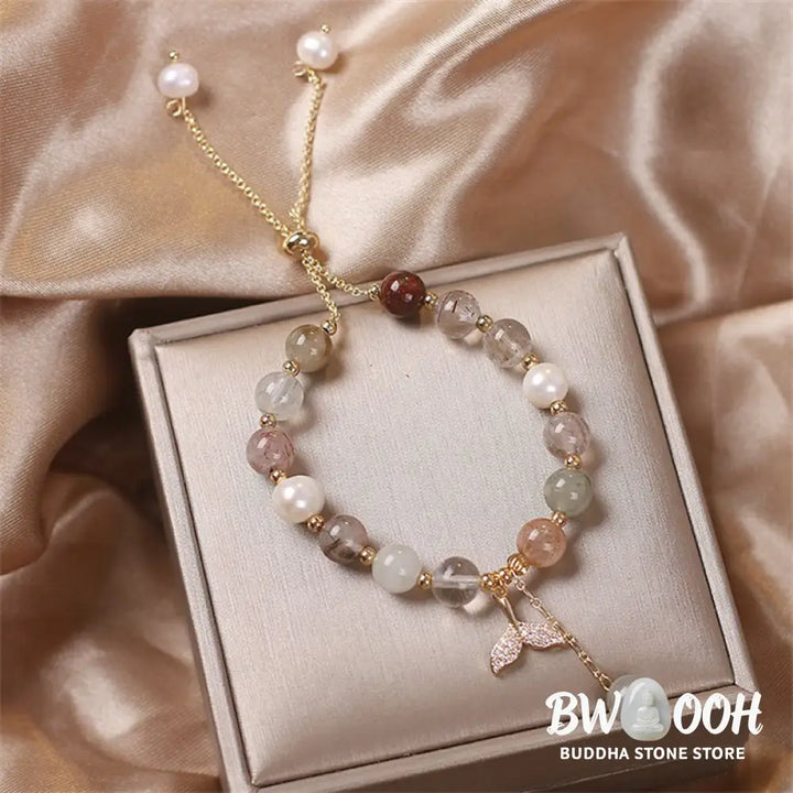Buddha Stones Strawberry Quartz Rutilated Quartz Fishtail Charm Healing Bracelet - BWOOOH - Bracelet