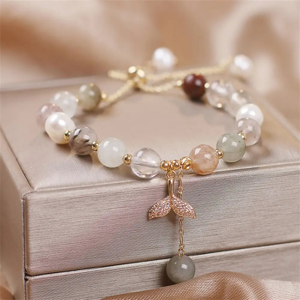 Buddha Stones Strawberry Quartz Rutilated Quartz Fishtail Charm Healing Bracelet - BWOOOH - Rutilated Quartz(Fishtail