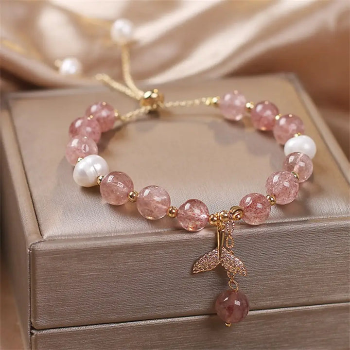 BWOOOH Strawberry Quartz Rutilated Quartz Fishtail Charm Healing Bracelet - BWOOOH - Strawberry Quartz(Wrist