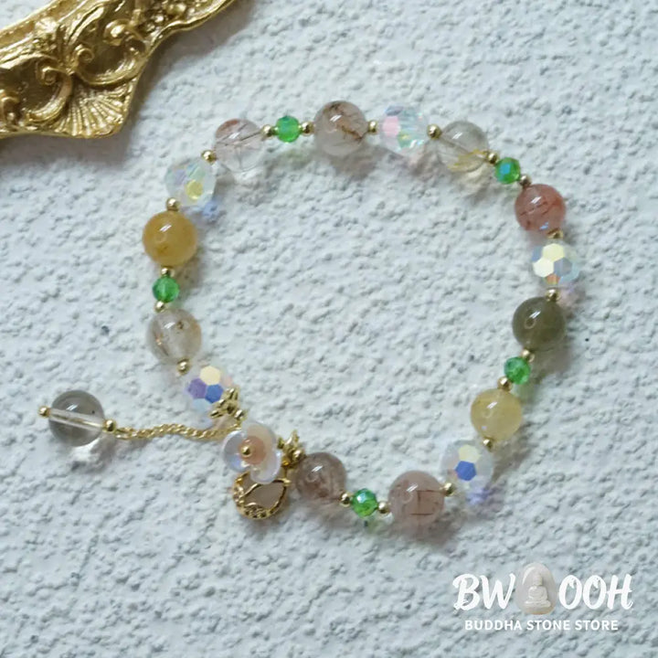 Buddha Stones Strawberry Quartz Rutilated Quartz Fluorite Flower Healing Bracelet - BWOOOH - Bracelet