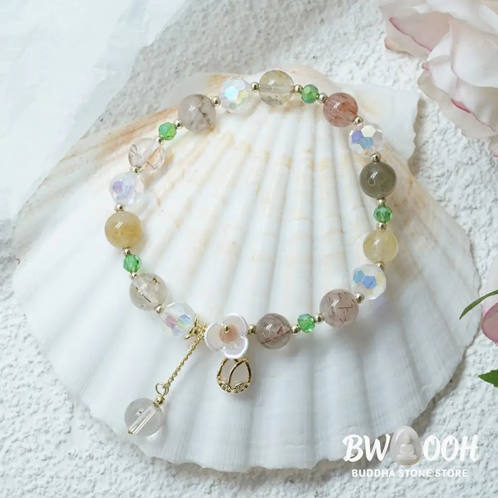 Buddha Stones Strawberry Quartz Rutilated Quartz Fluorite Flower Healing Bracelet - BWOOOH - Bracelet