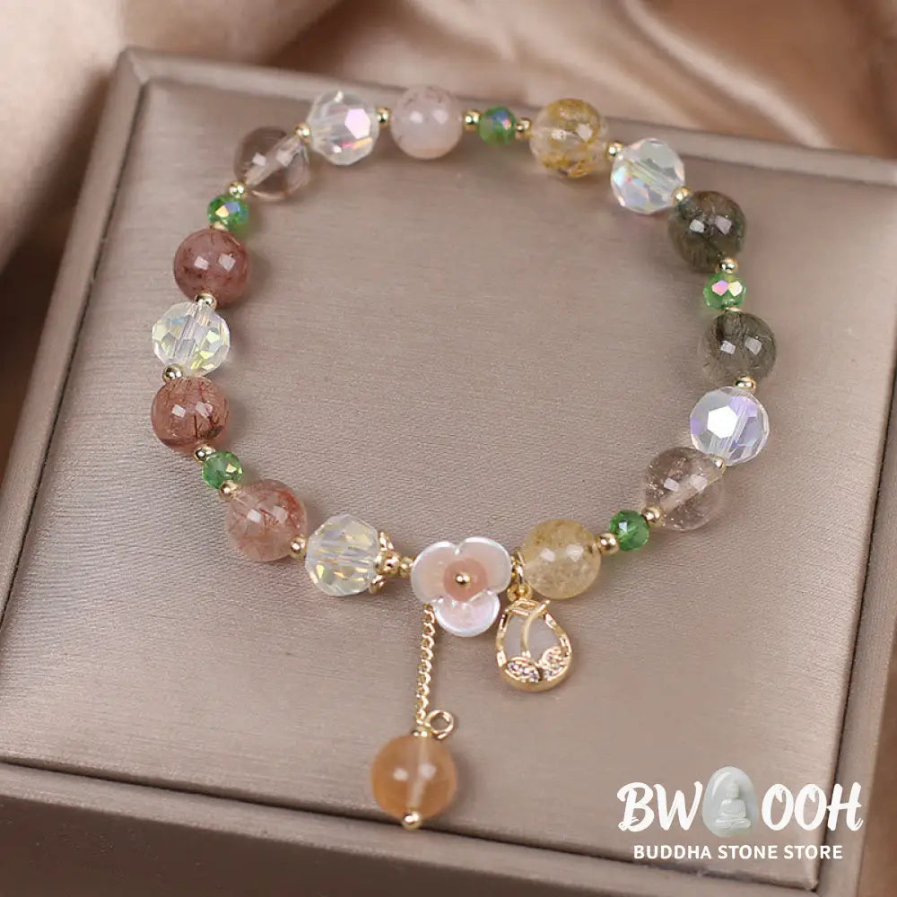 Buddha Stones Strawberry Quartz Rutilated Quartz Fluorite Flower Healing Bracelet - BWOOOH - Bracelet