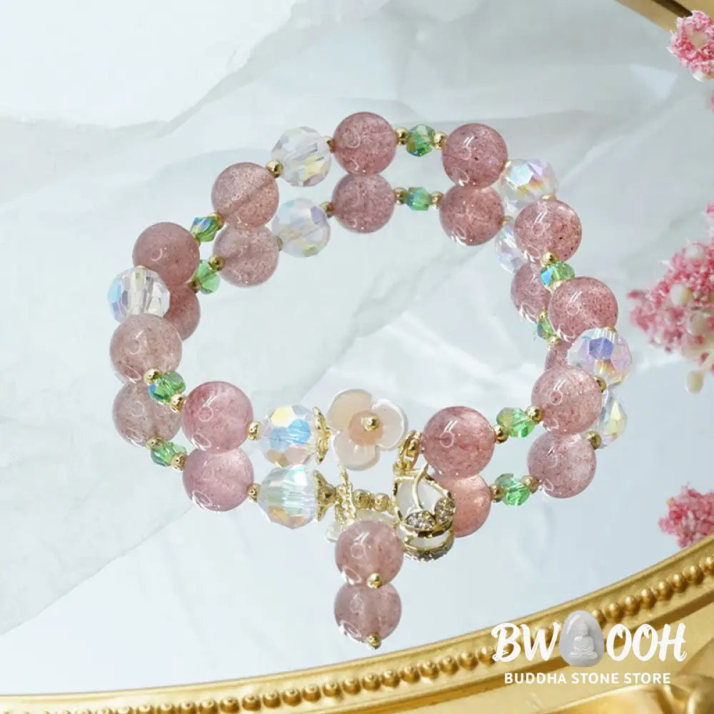 Buddha Stones Strawberry Quartz Rutilated Quartz Fluorite Flower Healing Bracelet - BWOOOH - Bracelet