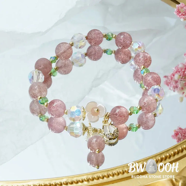 Buddha Stones Strawberry Quartz Rutilated Quartz Fluorite Flower Healing Bracelet - BWOOOH - Bracelet