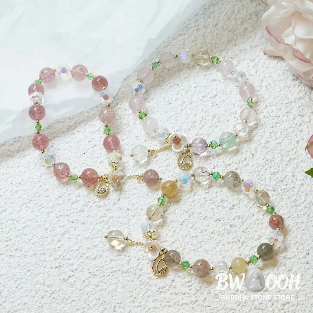 Buddha Stones Strawberry Quartz Rutilated Quartz Fluorite Flower Healing Bracelet - BWOOOH - Bracelet