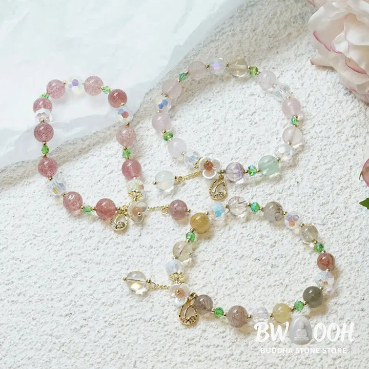 Buddha Stones Strawberry Quartz Rutilated Quartz Fluorite Flower Healing Bracelet - BWOOOH - Bracelet