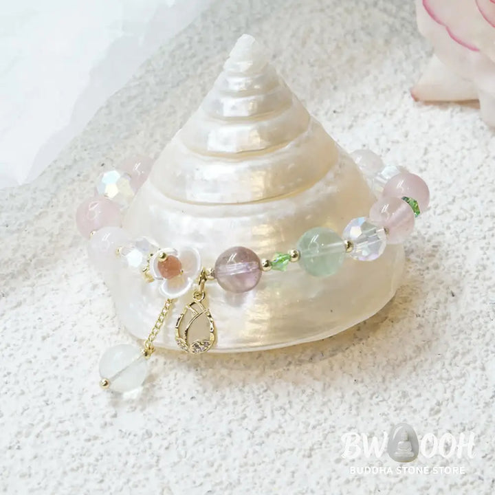 Buddha Stones Strawberry Quartz Rutilated Quartz Fluorite Flower Healing Bracelet - BWOOOH - Bracelet