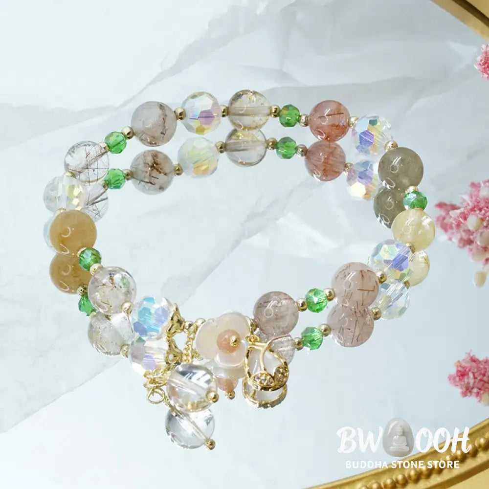 Buddha Stones Strawberry Quartz Rutilated Quartz Fluorite Flower Healing Bracelet - BWOOOH - Bracelet