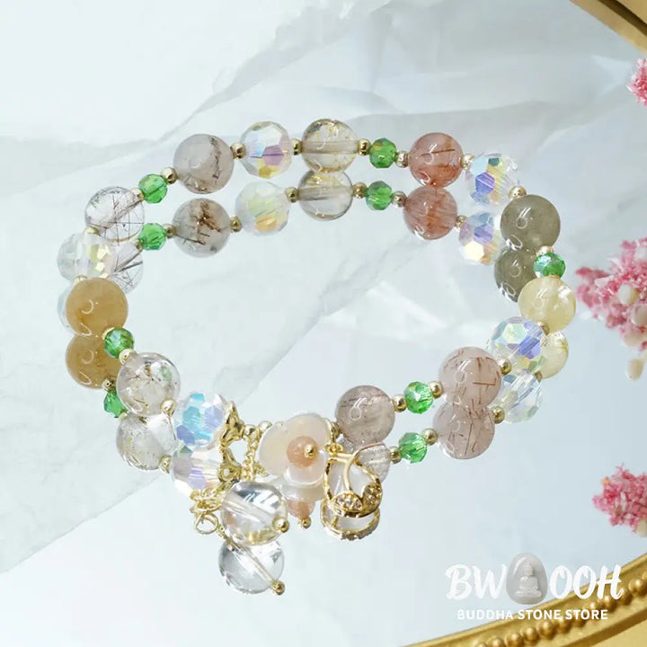 Buddha Stones Strawberry Quartz Rutilated Quartz Fluorite Flower Healing Bracelet - BWOOOH - Bracelet