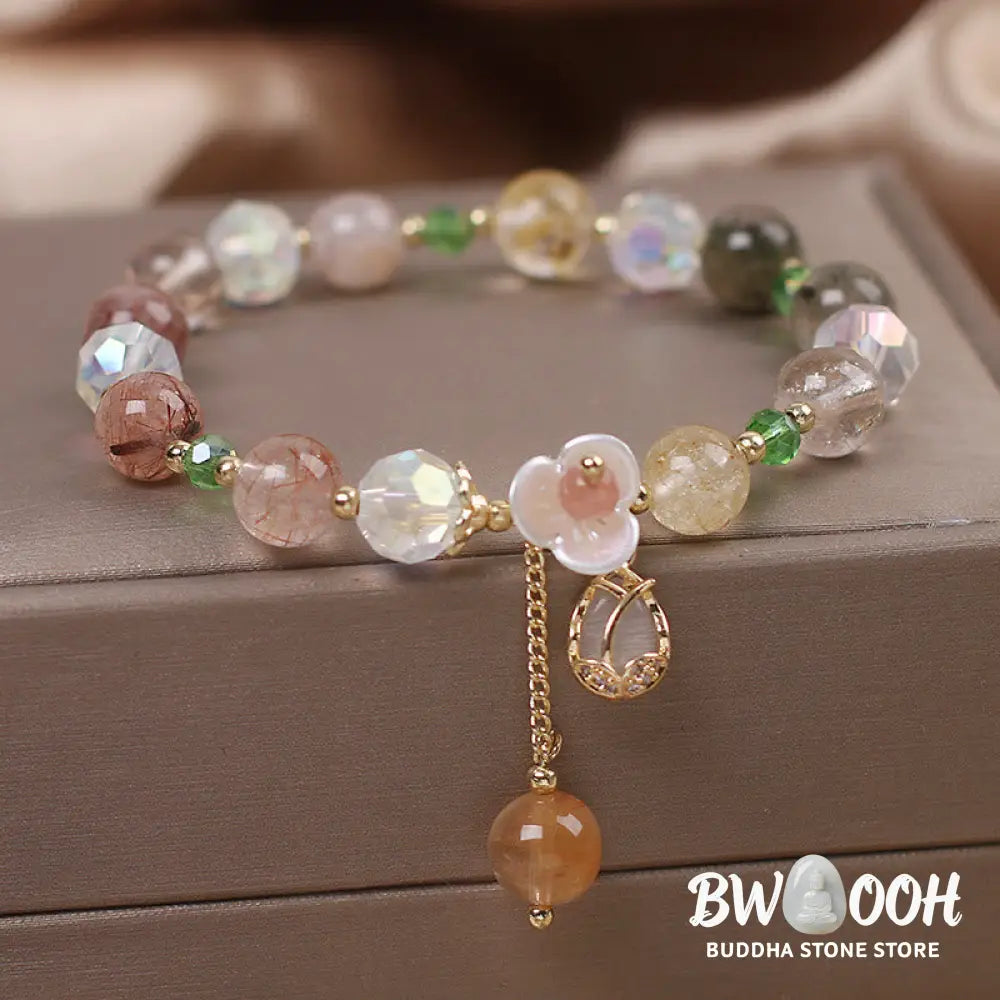 Buddha Stones Strawberry Quartz Rutilated Quartz Fluorite Flower Healing Bracelet - BWOOOH - Bracelet