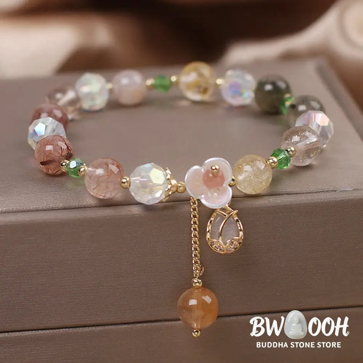 Buddha Stones Strawberry Quartz Rutilated Quartz Fluorite Flower Healing Bracelet - BWOOOH - Bracelet