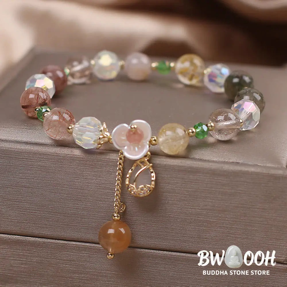 Buddha Stones Strawberry Quartz Rutilated Quartz Fluorite Flower Healing Bracelet - BWOOOH - Bracelet