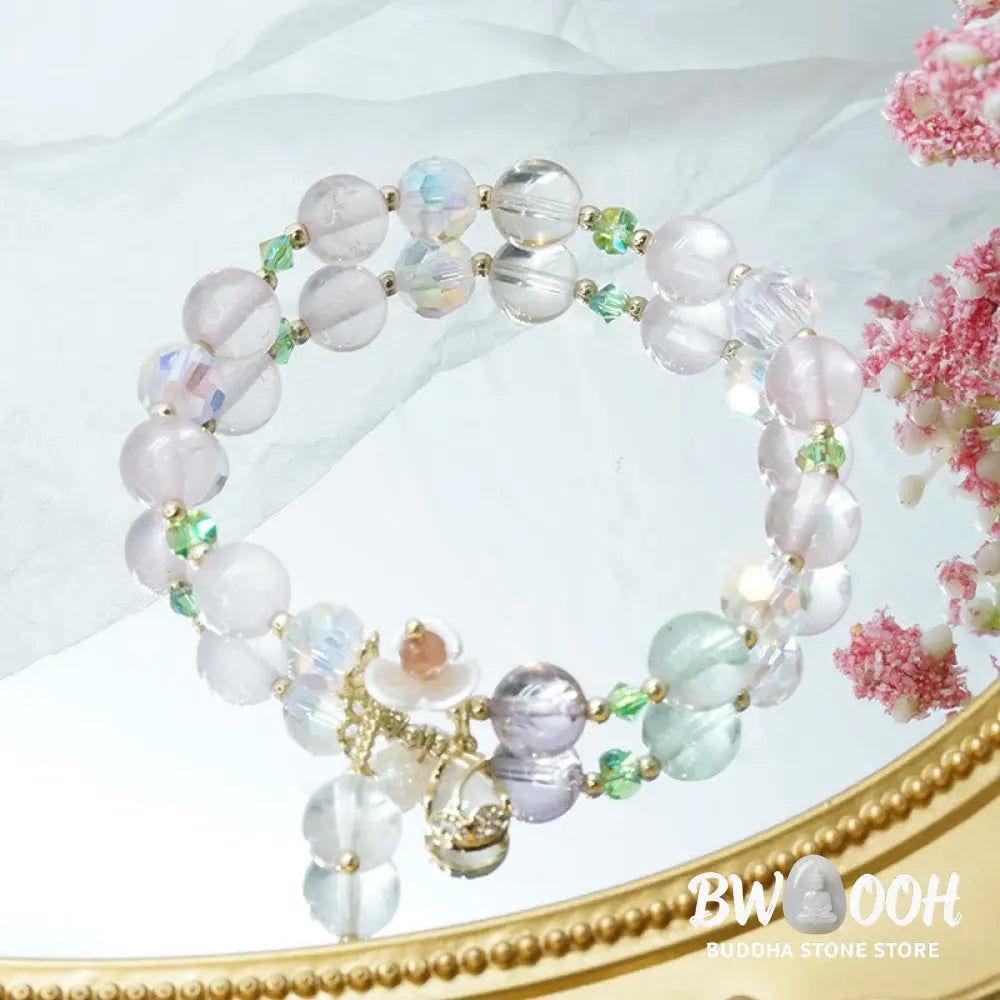 Buddha Stones Strawberry Quartz Rutilated Quartz Fluorite Flower Healing Bracelet - BWOOOH - Bracelet