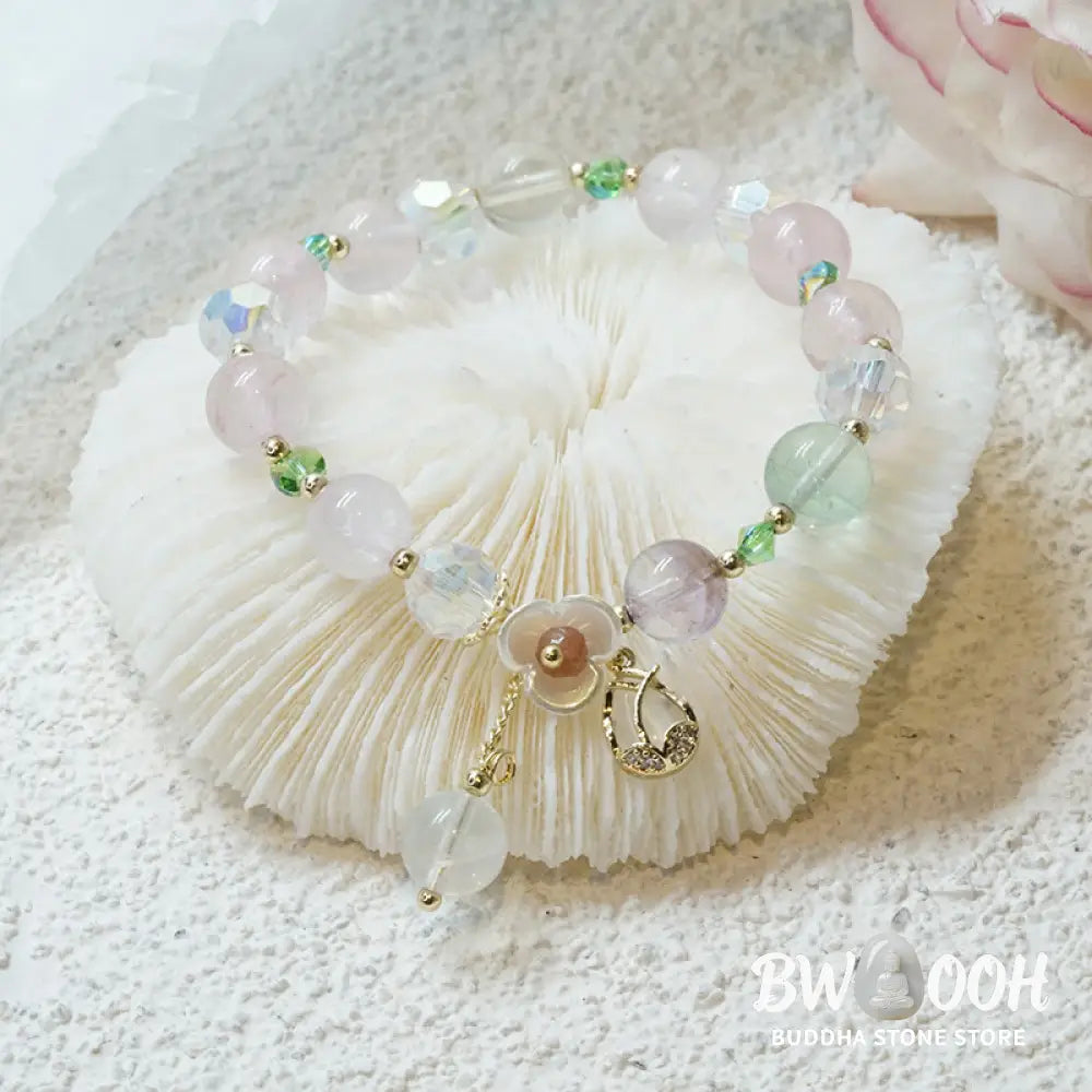 Buddha Stones Strawberry Quartz Rutilated Quartz Fluorite Flower Healing Bracelet - BWOOOH - Bracelet