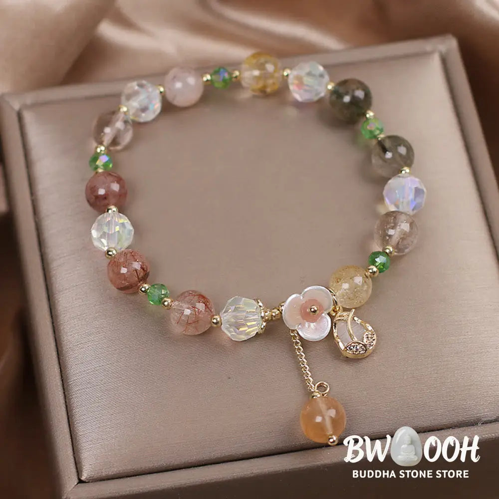 Buddha Stones Strawberry Quartz Rutilated Quartz Fluorite Flower Healing Bracelet - BWOOOH - Bracelet