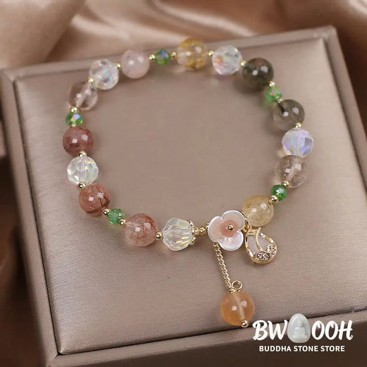 Buddha Stones Strawberry Quartz Rutilated Quartz Fluorite Flower Healing Bracelet - BWOOOH - Bracelet
