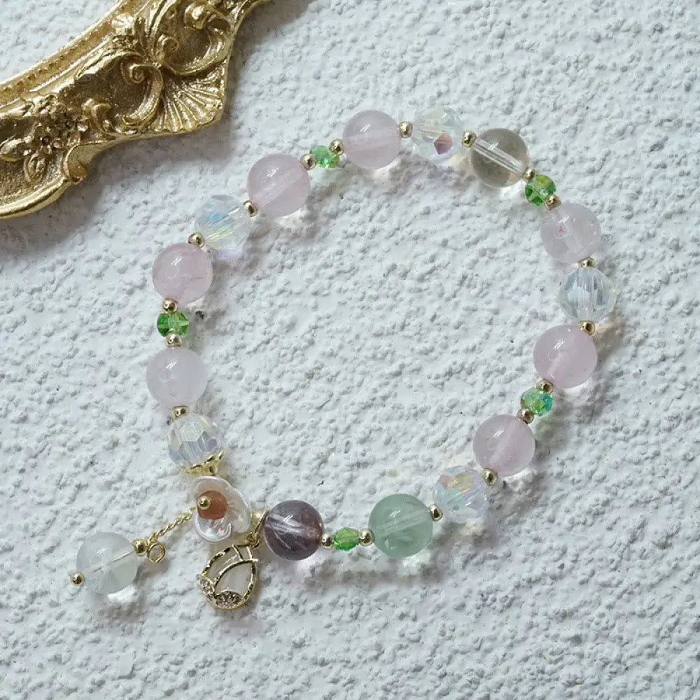 Buddha Stones Strawberry Quartz Rutilated Quartz Fluorite Flower Healing Bracelet - BWOOOH - Fluorite(Wrist