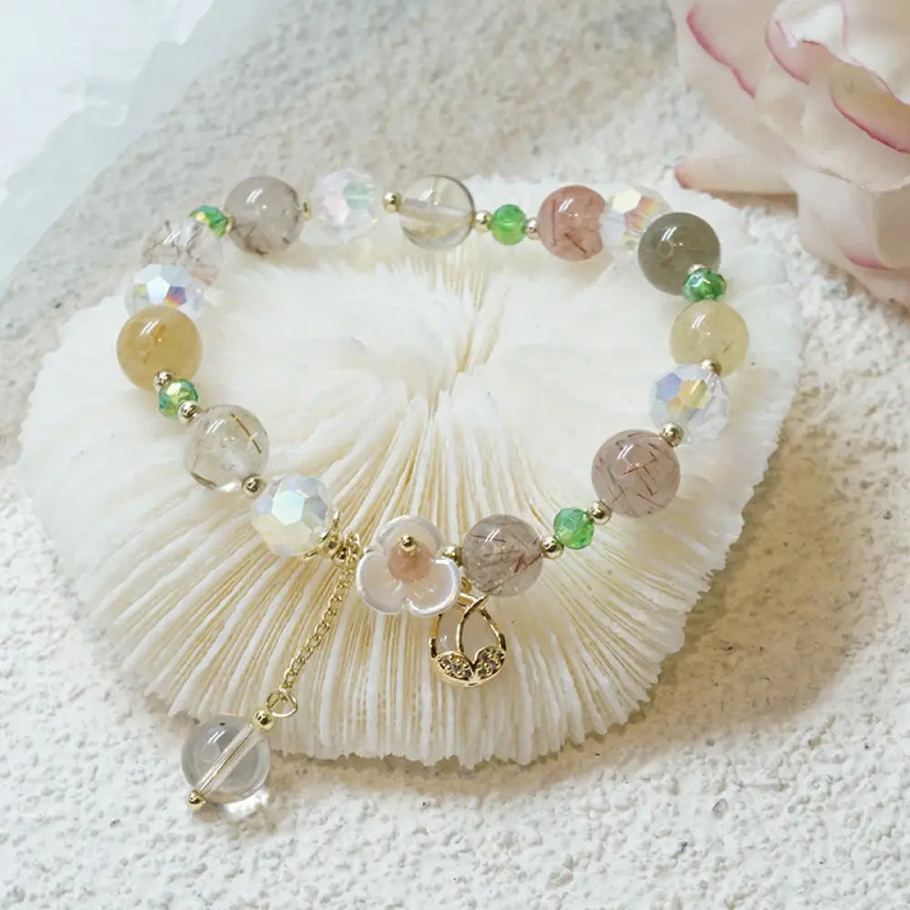 Buddha Stones Strawberry Quartz Rutilated Quartz Fluorite Flower Healing Bracelet - BWOOOH - Rutilated Quartz(Wrist