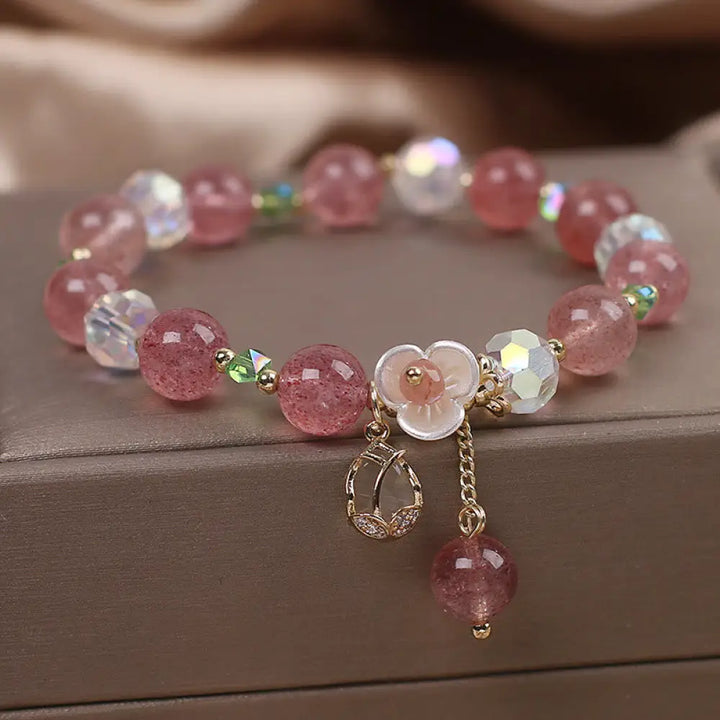 BWOOOH Strawberry Quartz Rutilated Quartz Fluorite Flower Healing Bracelet - BWOOOH - Strawberry Quartz(Wrist